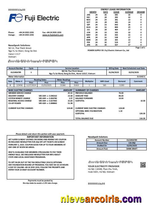 Vietnam Fuji Electric Vietnam Co. business utility bill